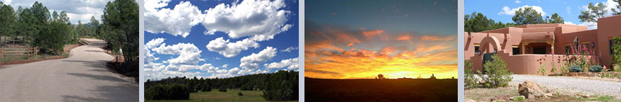 From left to right: Entry road to BOAF; Community meadow/pines; New Mexico sunset; Mike & Dave's casita From left to right: Entry road to BOAF; Community meadow/pines; New Mexico sunset; Mike & Dave's casita